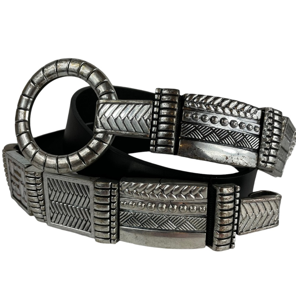 Vintage Heavy Ornate Silver Metal Hook Loop Waist Belt Leather 90s Chicos Large